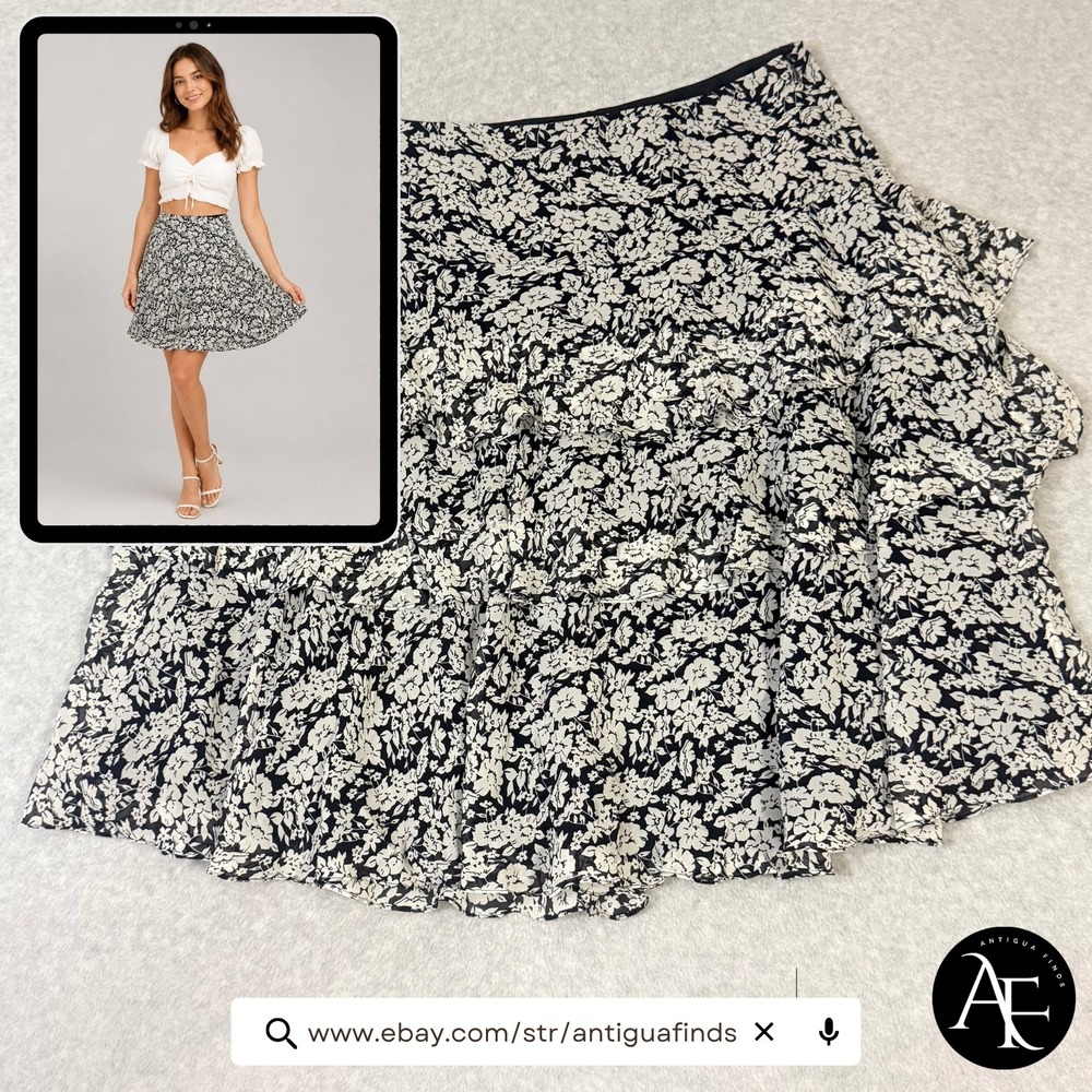 Lauren Ralph Lauren Silk Floral Tiered Ruffle Mini Skirt Black White Size 16